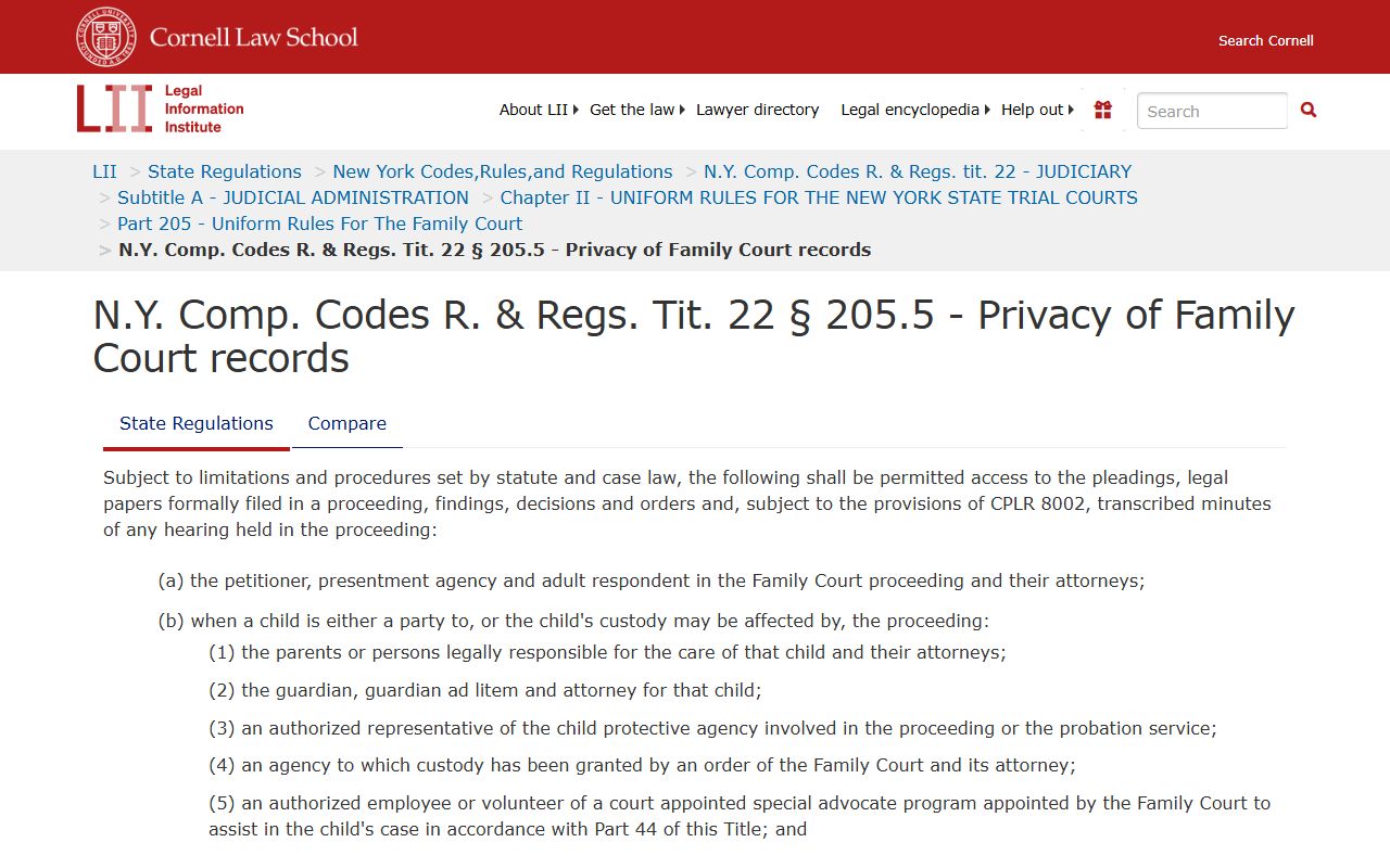 22 NYCRR 205.5 regulations for New York family court records access